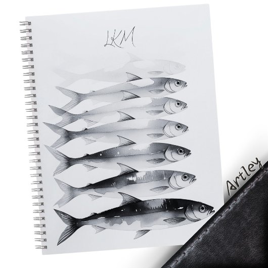 Grijze Waterverf Sardine Art Custom Monogram Naam Notitieboek