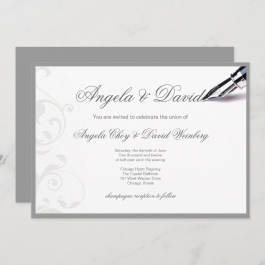 Grijze wervelingen vulpen bruiloft uitnodiging (Voorkant / Achterkant)