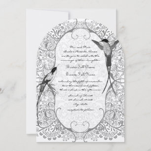 Grijze Whimsical Love Bird Pattern Trouw Uitnodigi Kaart