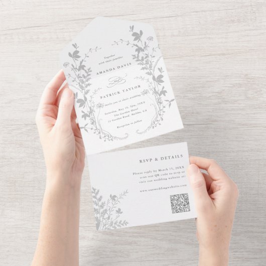 Grijze Wildflower Silhouet Krans Bruiloft All In One Uitnodiging (Afscheurbaar)