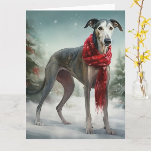 Grijze windhond in sneeuw Kerstmis Kaart (Gele Bloem)