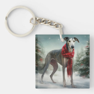 Grijze windhond in sneeuw Kerstmis Sleutelhanger