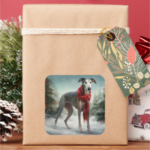 Grijze windhond in sneeuw Kerstmis Vierkante Sticker