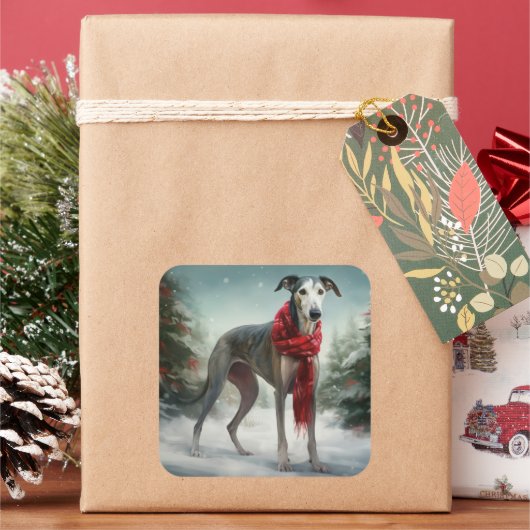 Grijze windhond in sneeuw Kerstmis Vierkante Sticker (Feestdagen)