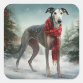 Grijze windhond in sneeuw Kerstmis Vierkante Sticker (Voorkant)