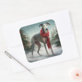 Grijze windhond in sneeuw Kerstmis Vierkante Sticker (Envelop)