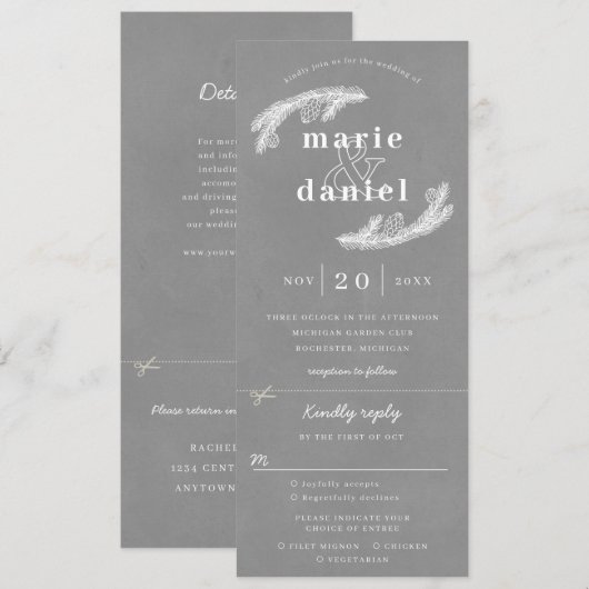 Grijze wintertrouwuitnodiging met rsvp bijgevoegd kaart (Voorkant / Achterkant)