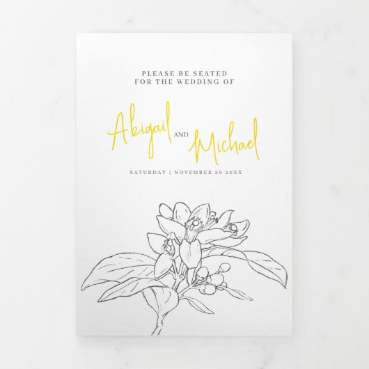 Grijze witte citroen gele bloesem foto's bruiloft drieluik programma (Cover)