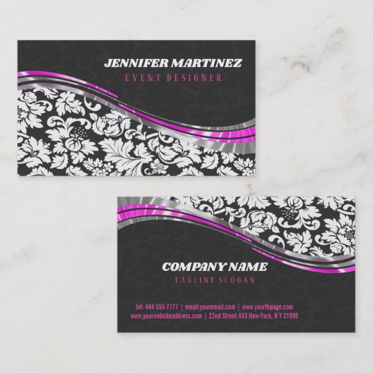 Grijze & witte damast met roze accenten visitekaartje (Voorkant / Achterkant)
