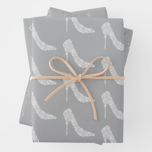 Grijze Witte Diamant Hoge Hakken Schoenen Bruiloft Inpakpapier Vel (In situ)