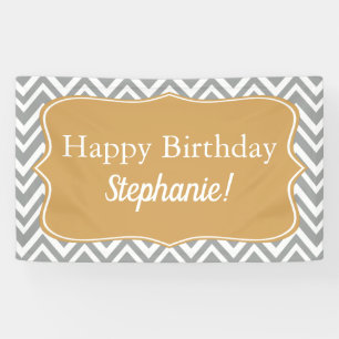 Grijze, witte en gouden Chevron Birthday Spandoek