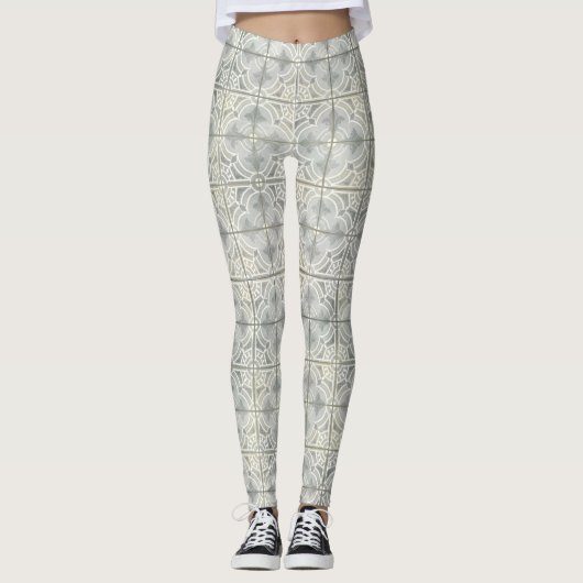 Grijze witte geometrische Franse Vintage Fleur de  Leggings (Voorkant)
