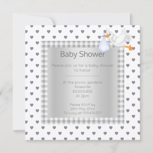 Grijze witte gingham babydouche, eenstormachtig kaart (Voorkant)