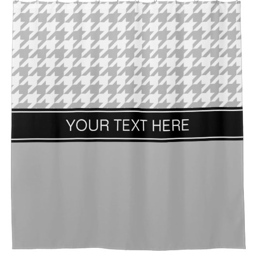 Grijze Witte Houndstooth CB Zwarte Naam Monogram Douchegordijn (Voorkant)