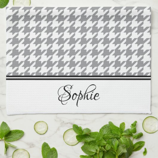 Grijze & Witte Houndstooth Gepersonaliseerd Theedoek (Gevouwen)