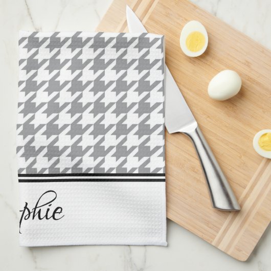 Grijze & Witte Houndstooth Gepersonaliseerd Theedoek (Quarter Fold)