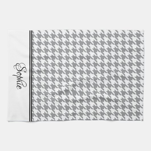 Grijze & Witte Houndstooth Gepersonaliseerd Theedoek (Horizontaal)
