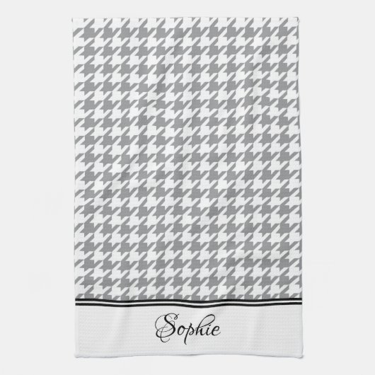 Grijze & Witte Houndstooth Gepersonaliseerd Theedoek (Verticaal)