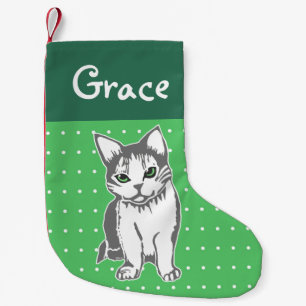 Grijze witte kat Aangepast groen kerstfeest stoppe Kleine Kerstsok
