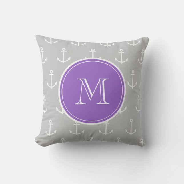 Grijze witte kleuren, Paarse monogram Kussen (Voorkant)