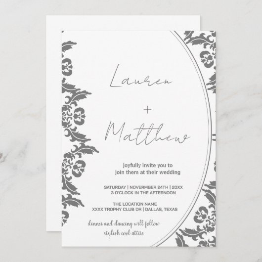 Grijze witte kunst bruiloft uitnodigingen (Voorkant / Achterkant)