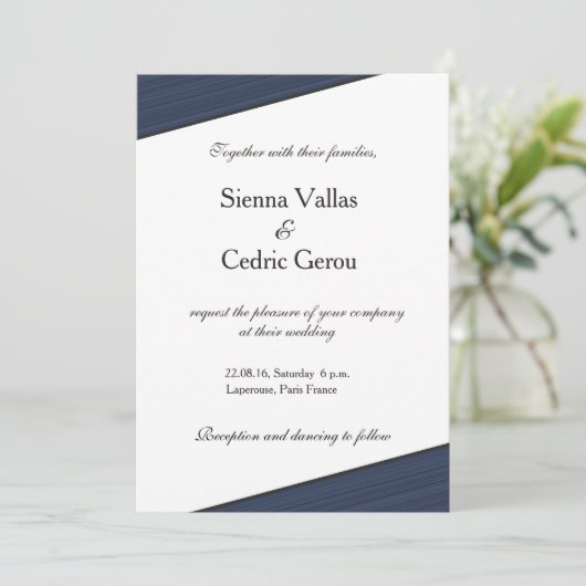 Grijze witte marineblauwe strepen trouwuitnodiging kaart (Staand voorkant)