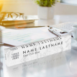 Grijze witte marmer Aangepaste Logo Desk Naambordje