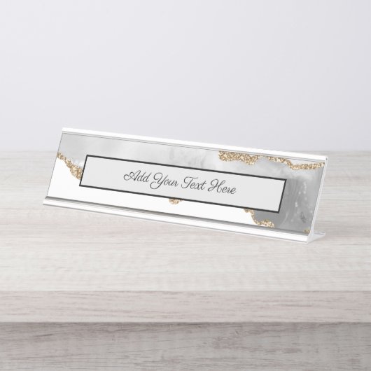 Grijze witte marmer Agate Geraffineerde glitter Bureau Naambordje (Voorkant)
