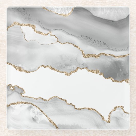 Grijze witte marmer Agate Geraffineerde glitter Glazen Onderzetter (Voorkant)