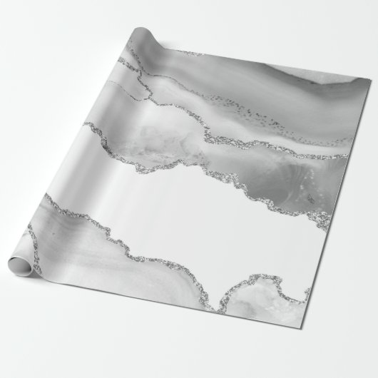 Grijze witte marmer Agate Simple Silver Glitter Cadeaupapier (Uitgerold)