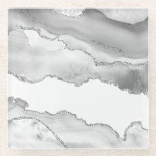 Grijze witte marmer Agate Simple Silver Glitter Glazen Onderzetter