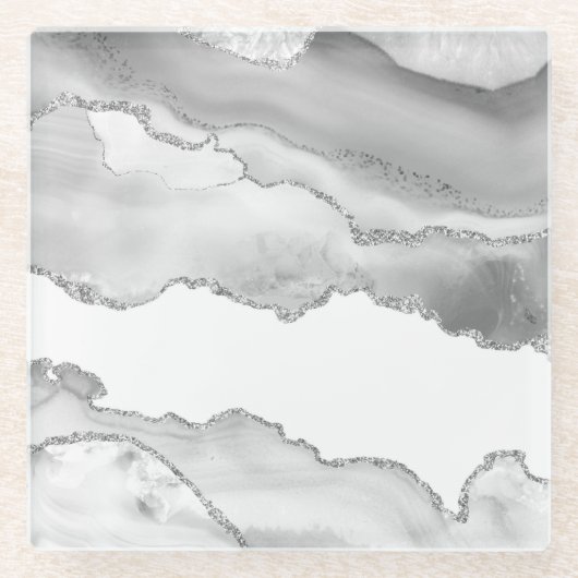 Grijze witte marmer Agate Simple Silver Glitter Glazen Onderzetter (Voorkant)