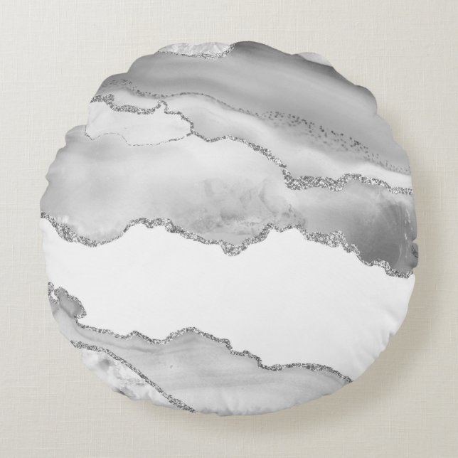 Grijze witte marmer Agate Simple Silver Glitter Rond Kussen (Voorkant)