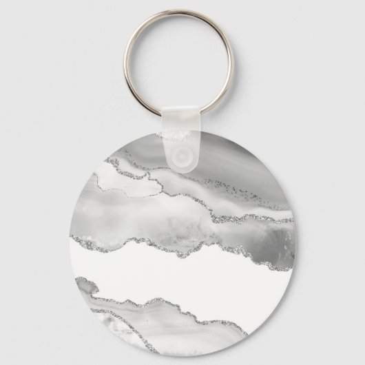 Grijze witte marmer Agate Simple Silver Glitter Sleutelhanger (Voorkant)