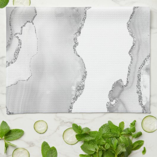 Grijze witte marmer Agate Simple Silver Glitter Theedoek (Gevouwen)