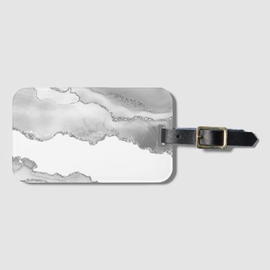 Grijze witte marmer Agate Simple Silver Sparkle Bagagelabel (Voorkant (horizontaal))