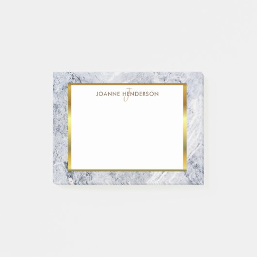 Grijze witte marmer goudmonogram post-it® notes (Voorkant)