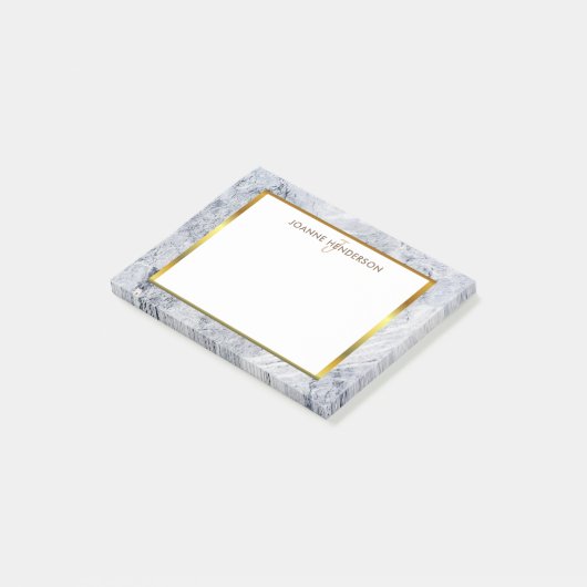 Grijze witte marmer goudmonogram post-it® notes (Schuin)