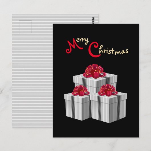 Grijze Witte Pinstripe Rode Boog Cadeaus op Zwart Briefkaart (Voorkant / Achterkant)