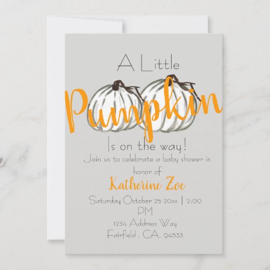Grijze witte pompoen herfst babyshower uitnodiging (Voorkant)