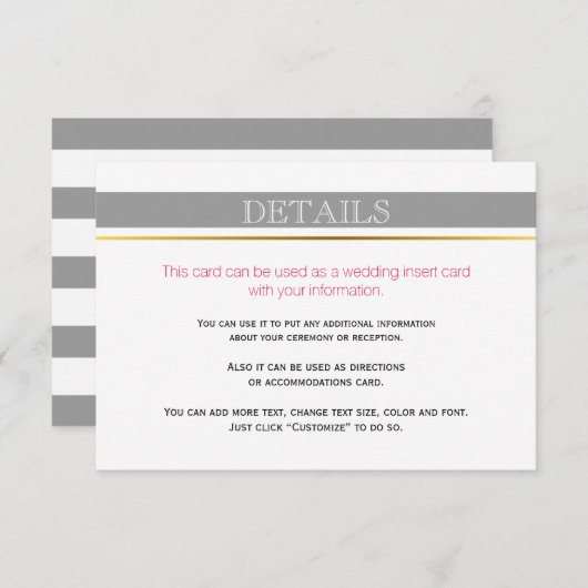 Grijze witte strepen goud, roze trouwerekkaart informatiekaartje (Voorkant / Achterkant)