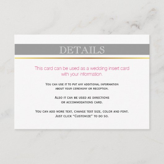 Grijze witte strepen goud, roze trouwerekkaart informatiekaartje (Voorkant)
