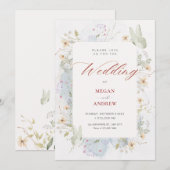 Grijze witte wilde bloemen waterverf bruiloft kaart (Voorkant / Achterkant)