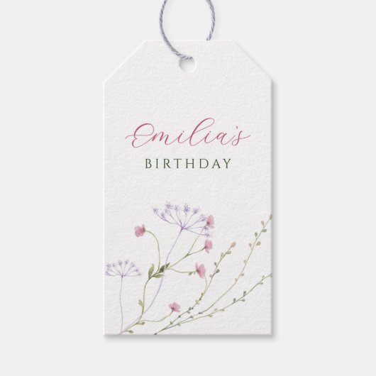 Grijze witte wilde bloemen waterverf cadeaulabel (Voorkant)