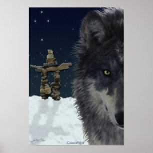 Grijze Wolf, Arctic Inukshuk & Stars Art Poster