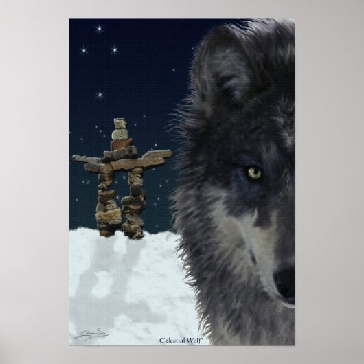 Grijze Wolf, Arctic Inukshuk & Stars Art Poster (Voorkant)
