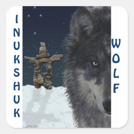 GRIJZE WOLF & ARCTISCHE INUKSHUK Wildlife Supporte Vierkante Sticker (Voorkant)