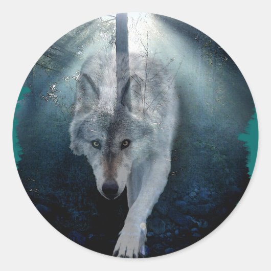 GRIJZE WOLF & BOS Wildlife Series Ronde Sticker (Voorkant)