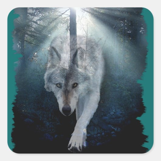 GRIJZE WOLF & BOS Wildlife Series Vierkante Sticker (Voorkant)