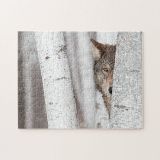 Grijze Wolf (Canis lupus) achter de boom Legpuzzel (Horizontaal)